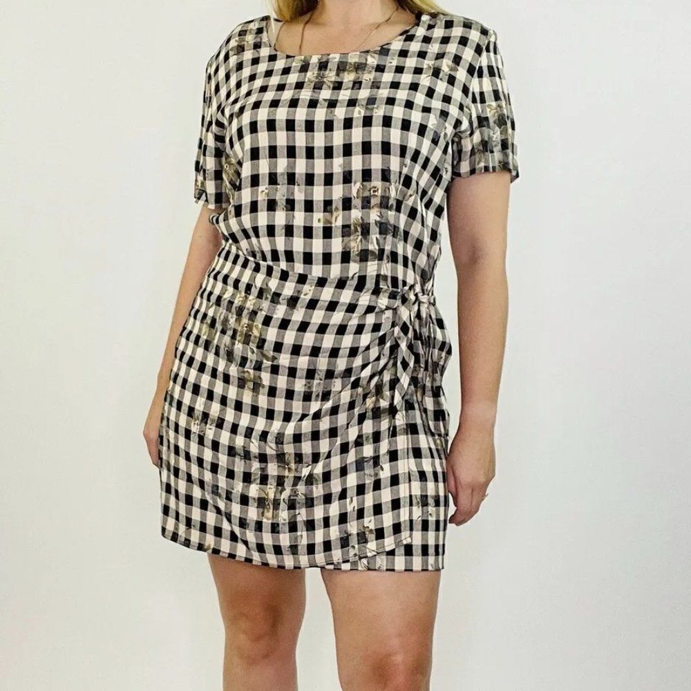 S. Roberts Vintage 80's Black/Cream Shepherd plaid Floral dress, size 24